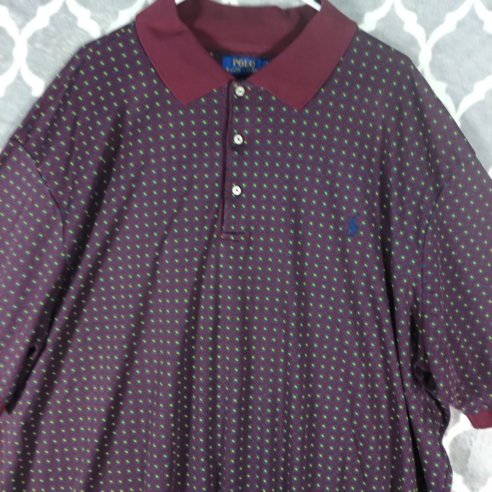 Polo Ralph Lauren Polo Shirt Mens 3XLT Burgundy Geometric Print Short Sleeve